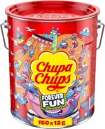 Chupa Chups El mejor cubo para piruletas, 150 piruletas en una lata de almacenamiento, lata de metal Pop-Art con 6 sabores, caramelos para compartir, regalo, fiesta u oficina