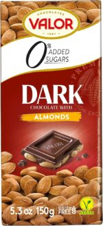 Valor - Chocolate puro con Almendras enteras Mediterráneas. Sin Gluten. 0% Azúcares añadidos. Chocolate puro Valor apto para Celiacos - 150 Gramos